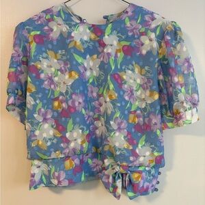 Vintage Floral Short Sleeve Textured Cropped Blue Blouse Vintage Size 16 Fits 12